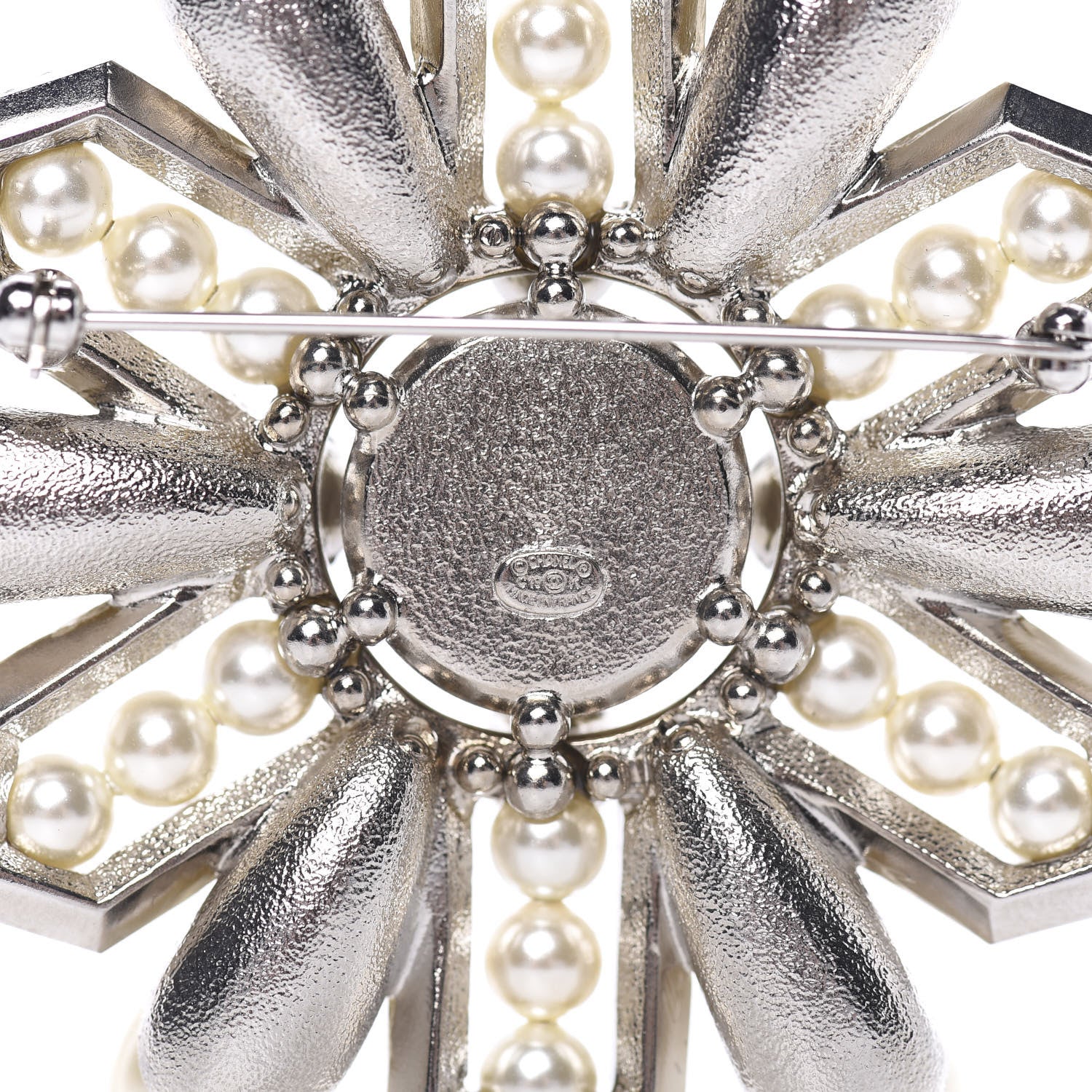 Chanel Pearl Crystal CC Snowflake Brooch Pearly White Silver 4 of 5