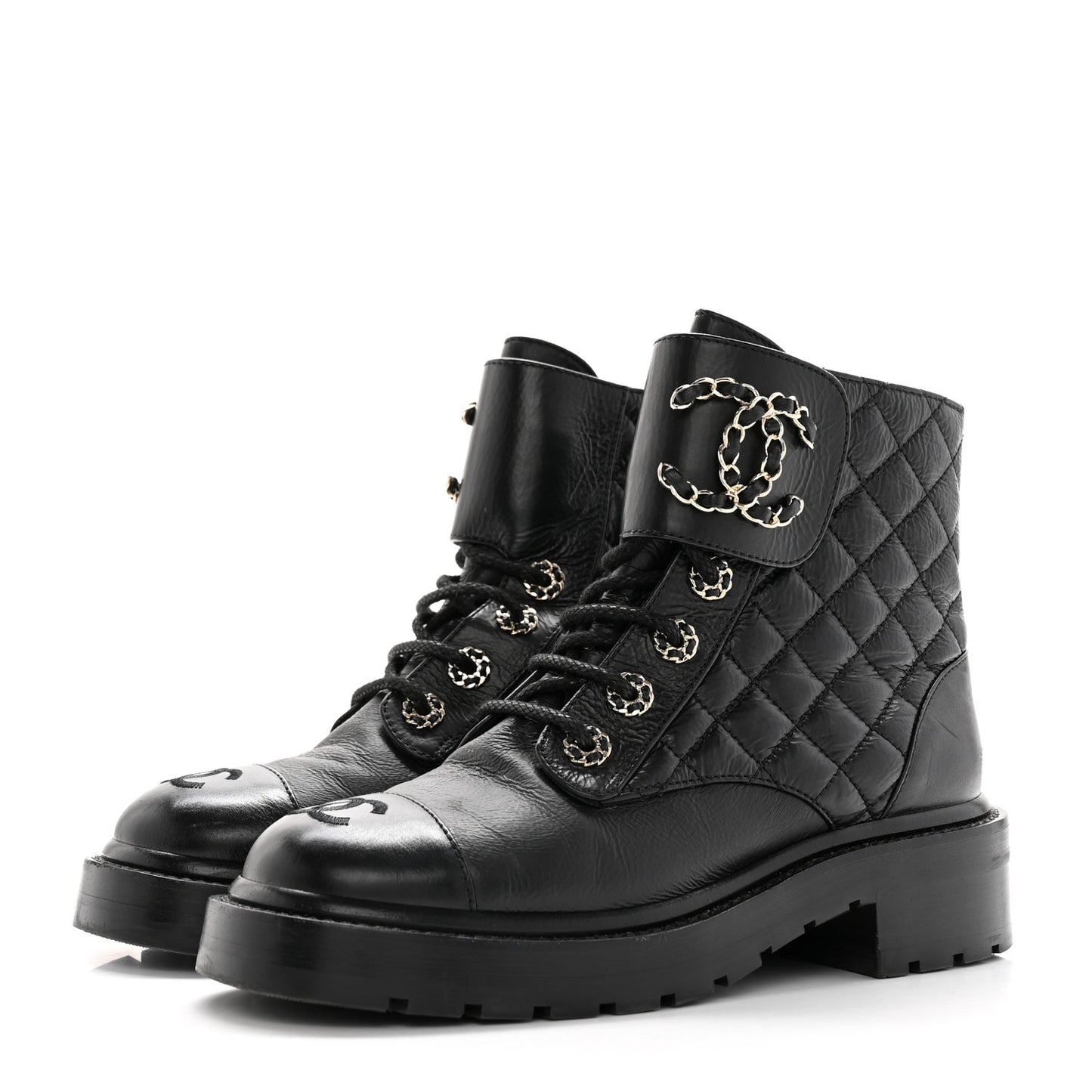 Shiny Calfskin Quilted Lace Up Combat Boots 35.5 Black