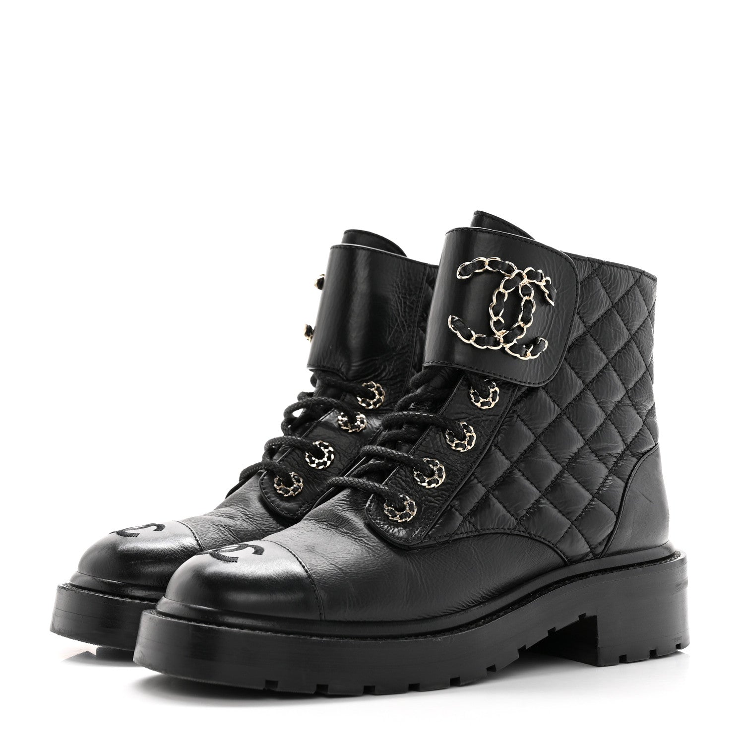 Chanel Shiny Calfskin Quilted Lace Up Combat Boots 35.5 Black 3 of 18