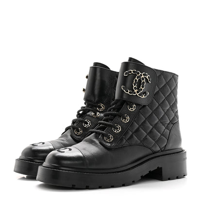 Chanel Shiny Calfskin Quilted Lace Up Combat Boots 35.5 Black 3 of 18