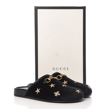 Gucci Softy Velvet Malaga Kid Bee Star Embroidered Womens Horsebit River Slippers 37 Black 10 of 10