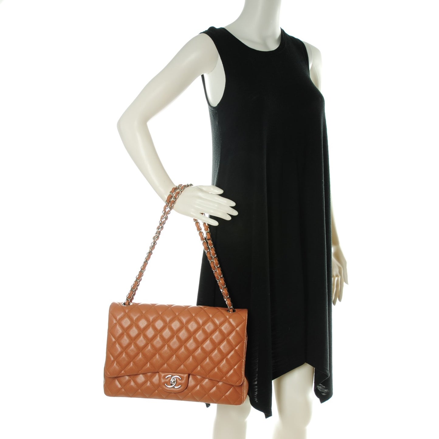 Caviar Quilted Maxi Double Flap Light Brown