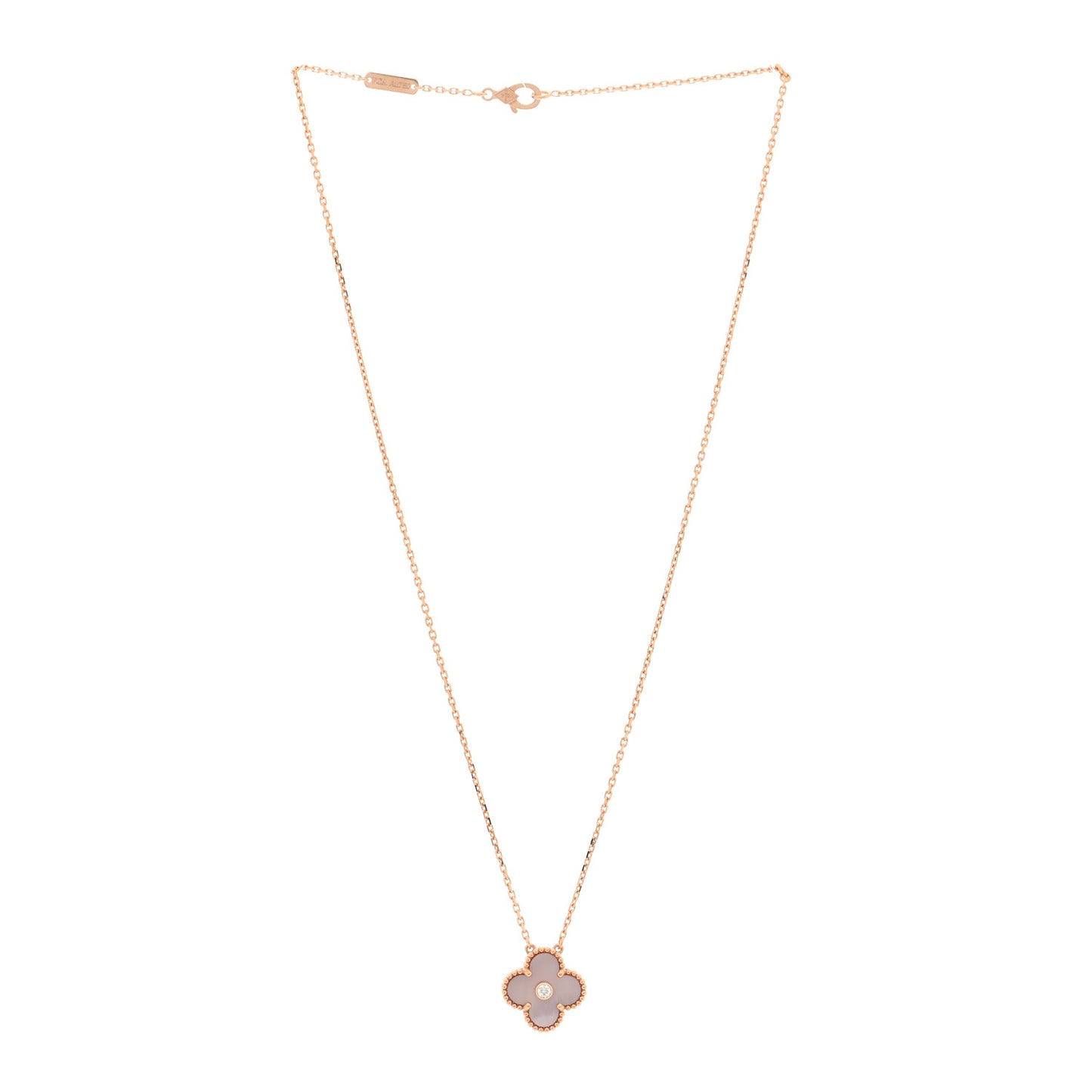 18K Rose Gold Diamond Pink Mother of Pearl Vintage Alhambra Pendant Necklace