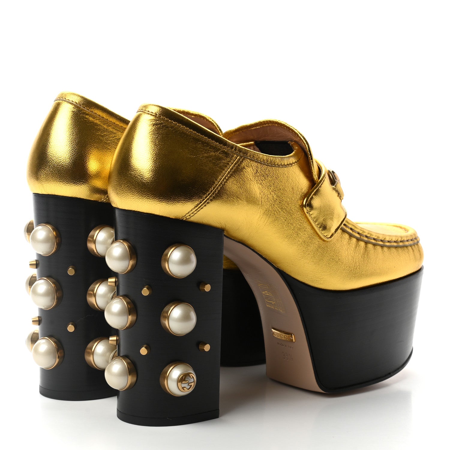 Gucci Malaga Kid Pearl Studded Vegas Platform Loafers 38.5 Black Gold 4 of 9