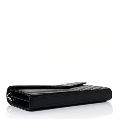 Saint Laurent Grain De Poudre Matelasse Chevron Monogram Chain Wallet Black 4 of 9