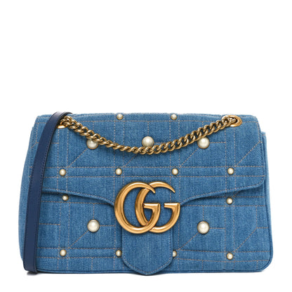 Gucci Kura Denim Matelasse Cubic Pearl Studded Medium GG Marmont Shoulder Bag Blue 1 of 10