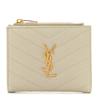 Saint Laurent Grain De Poudre Matelasse Chevron Monogram Zipped Card Case Crema Soft 1 of 7