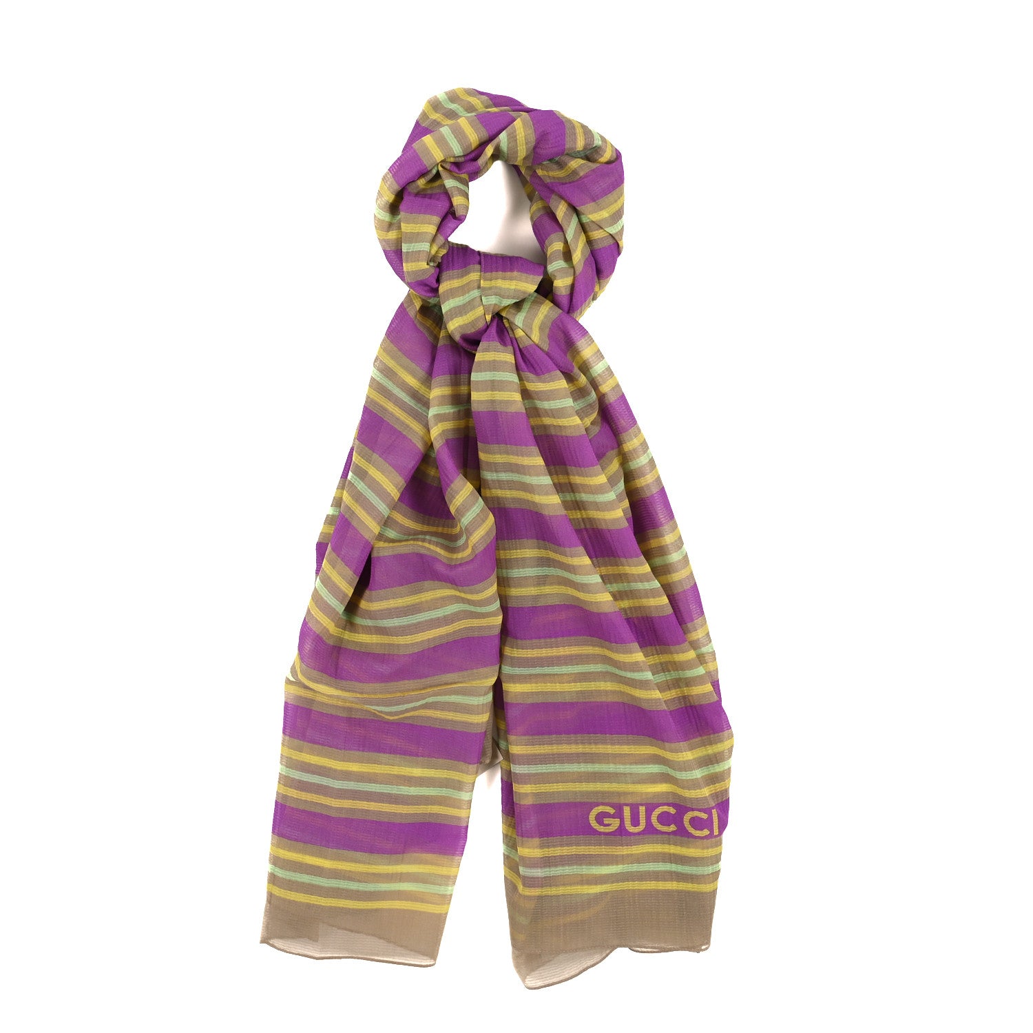Gucci Silk Cotton Seersucker Logo Stripes Scarf Rosy 1 of 3