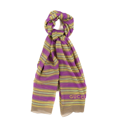 Gucci Silk Cotton Seersucker Logo Stripes Scarf Rosy 1 of 3