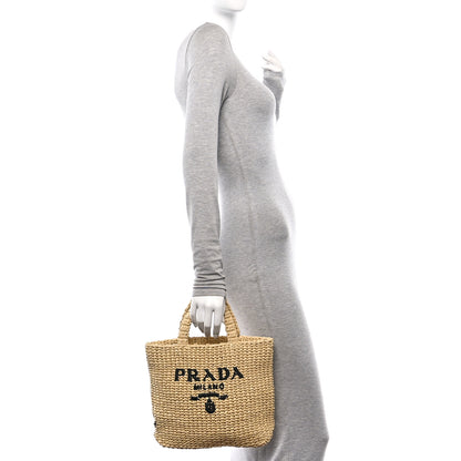 Prada Yarn Raffia Effect Crochet Embroidered Small Logo Tote Naturale 2 of 9