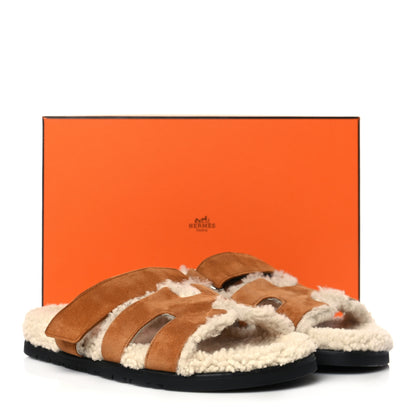 Hermes Suede Goatskin Woolskin Womens Chypre Sandals 39 Brun Fume Ecru 8 of 8