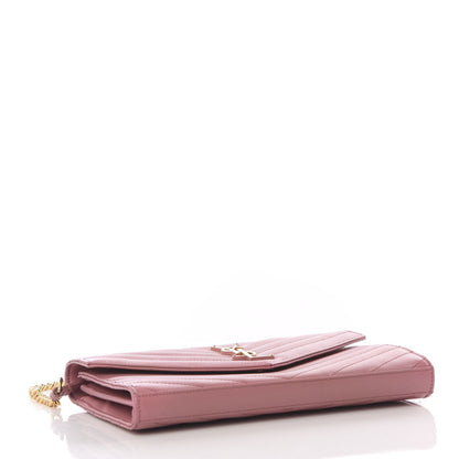 Saint Laurent Grain De Poudre Matelasse Chevron Monogram Chain Wallet Blush Fonce 3 of 10