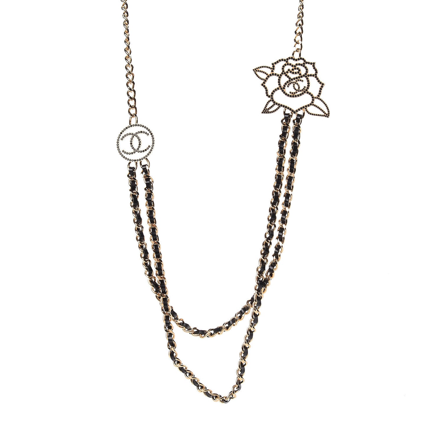 Glazed Calfskin Crystal CC Camellia Long Necklace Gold