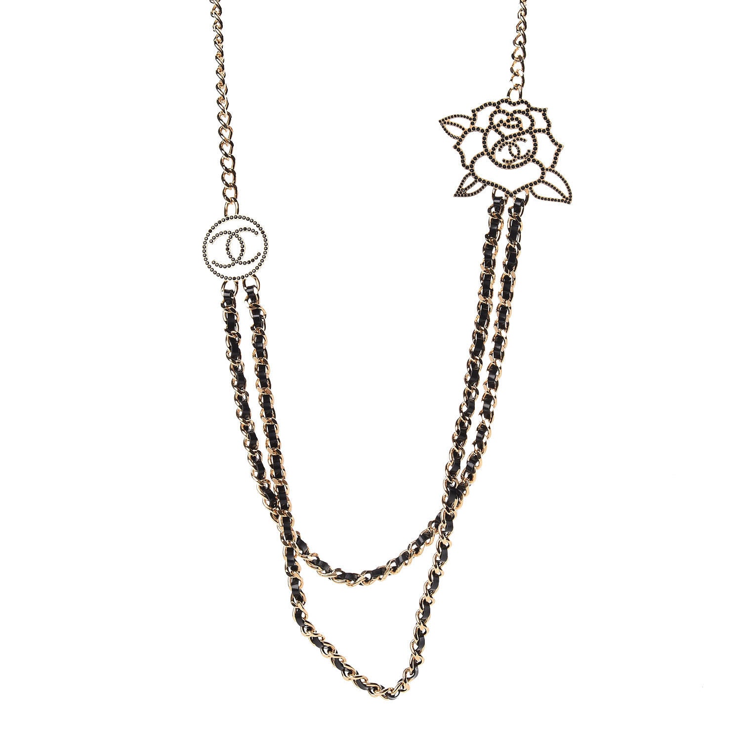 Chanel Glazed Calfskin Crystal CC Camellia Long Necklace Gold 1 of 7