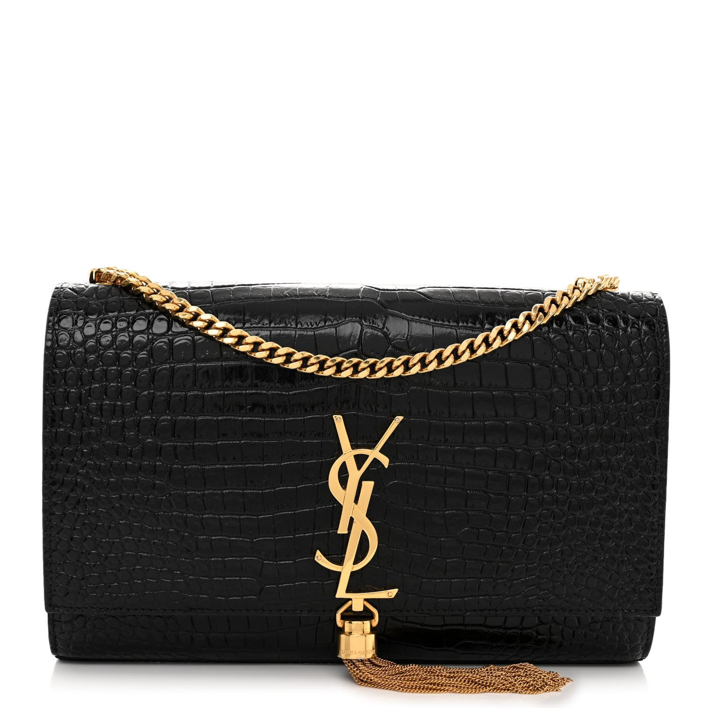Calfskin Crocodile Embossed Medium Classic Monogram Kate Tassel Satchel Black