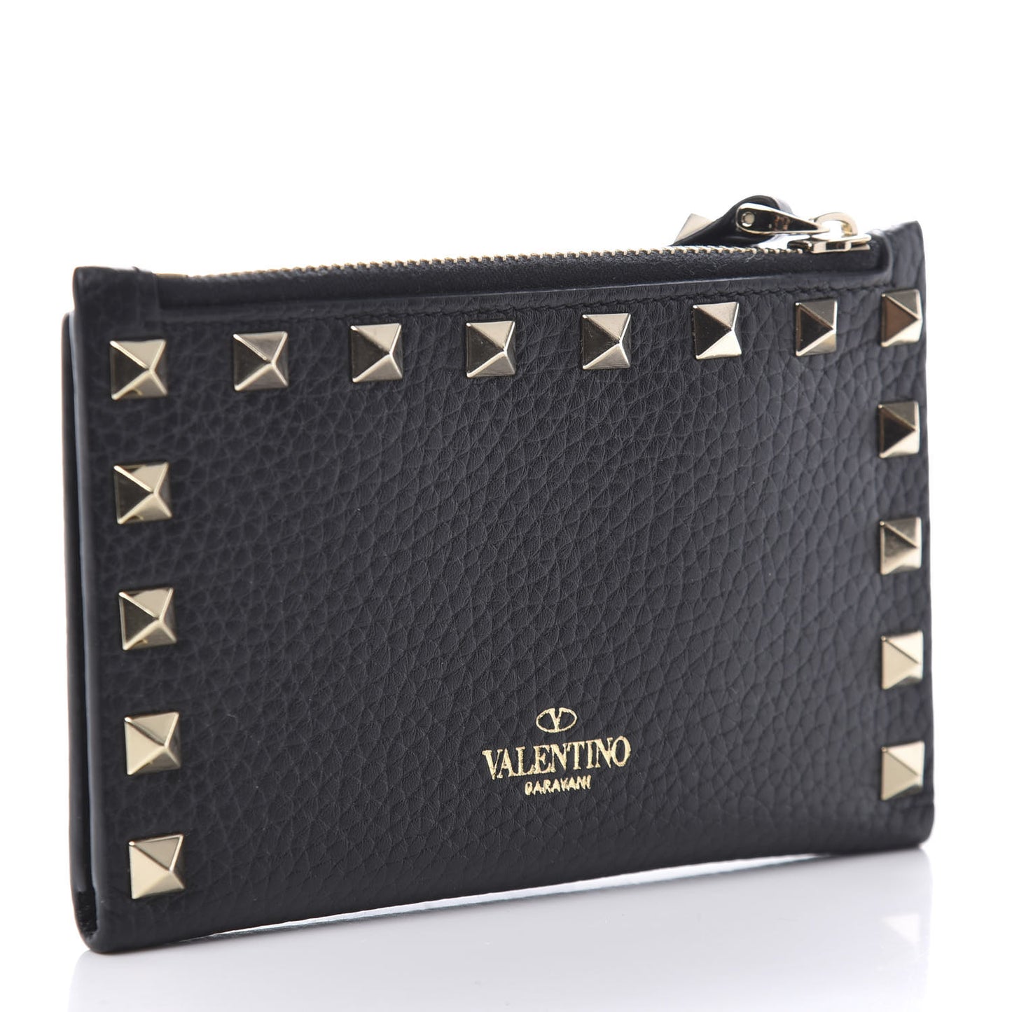Pebbled Calfskin Rockstud Coin Case Card Holder Black