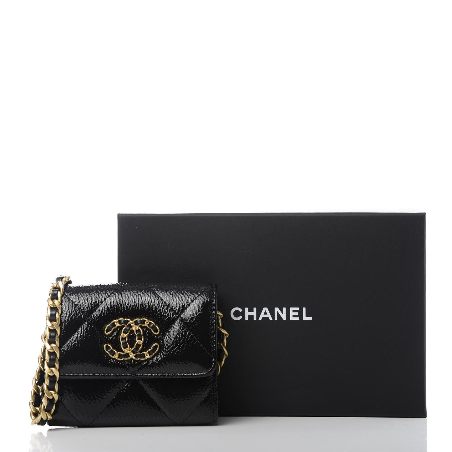 Shiny Crumpled Calfskin Quilted Chanel 19 Flap Coin Purse With Chain Black