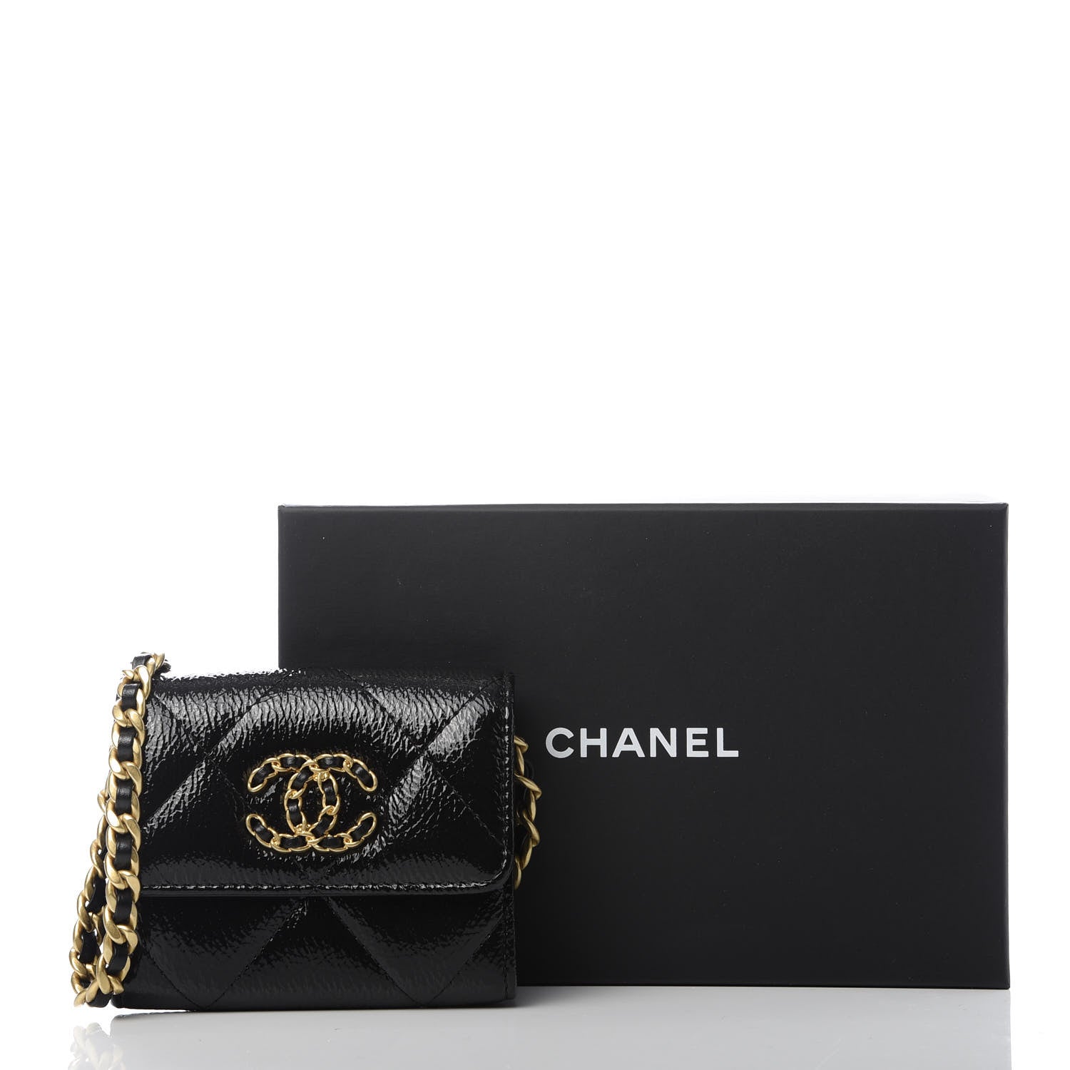 Chanel Shiny Crumpled Calfskin Quilted Chanel 19 Flap Coin Purse With Chain Black 10 of 10