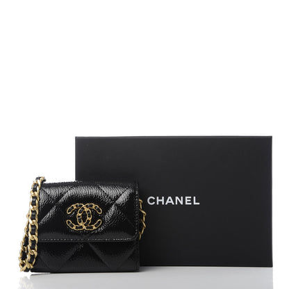 Chanel Shiny Crumpled Calfskin Quilted Chanel 19 Flap Coin Purse With Chain Black 10 of 10