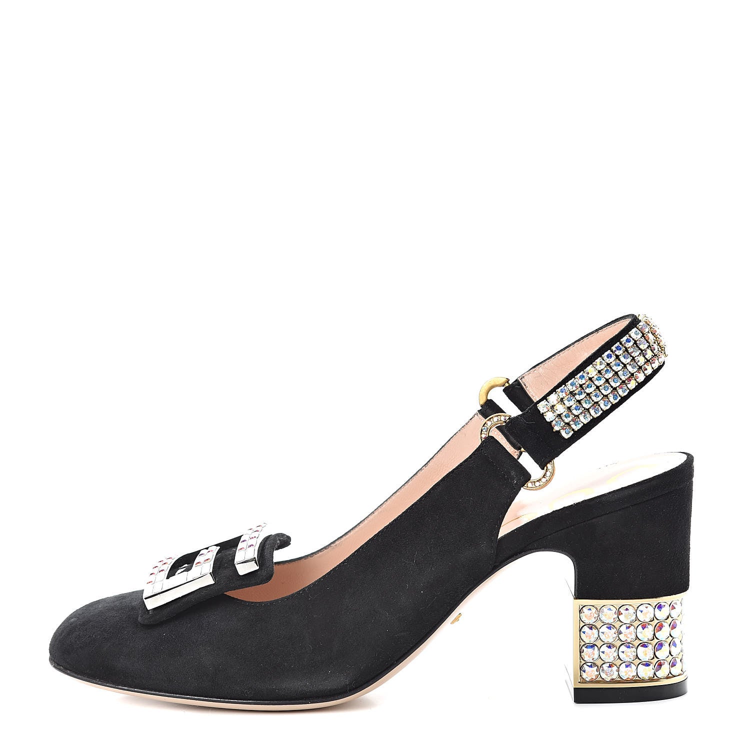 Gucci Kid Scamosciato Crystal Square G Madelyn Slingbacks 37.5 Black 1 of 14