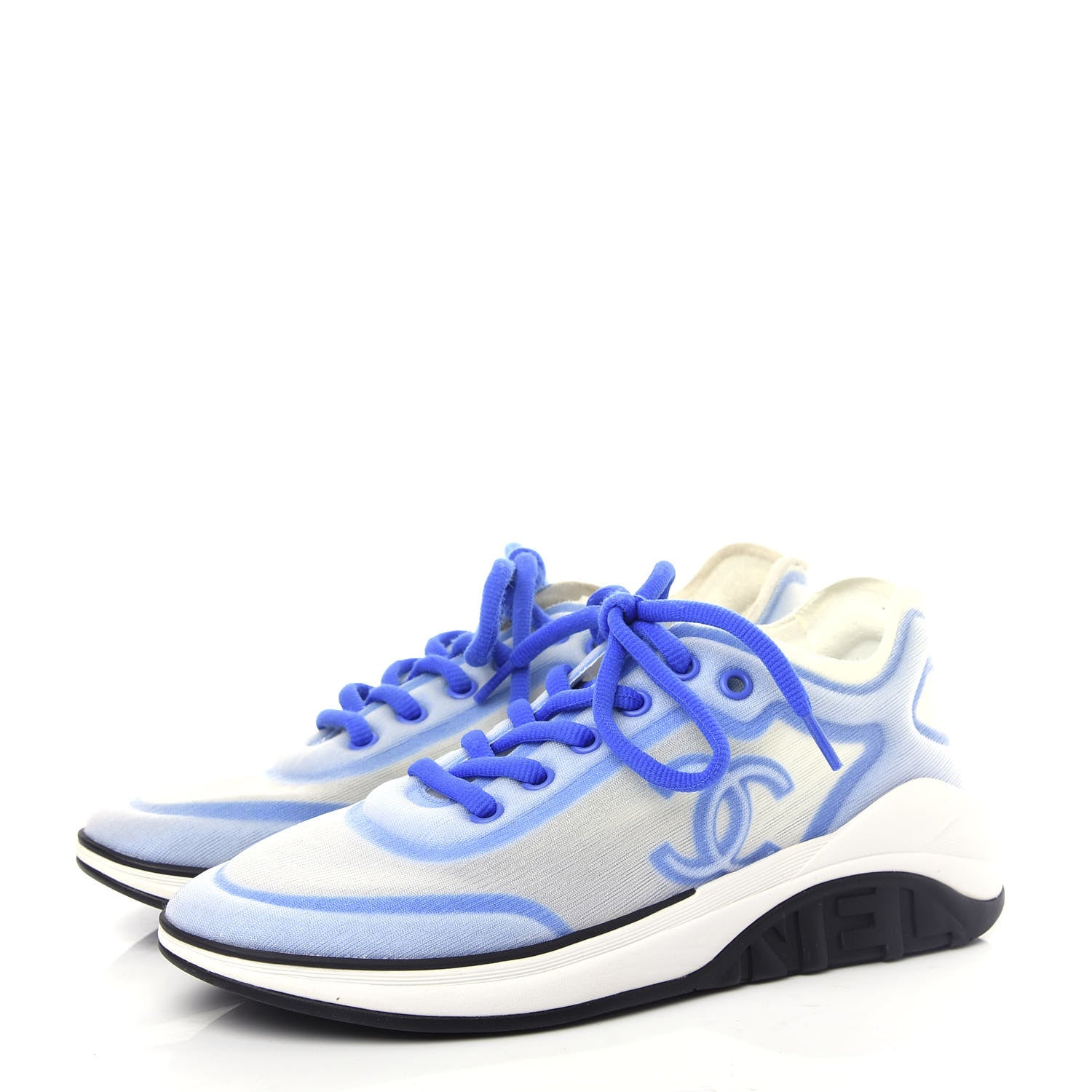 Chanel Calfskin Mesh Lycra Womens Logo Sneakers 37 White Blue 3 of 10
