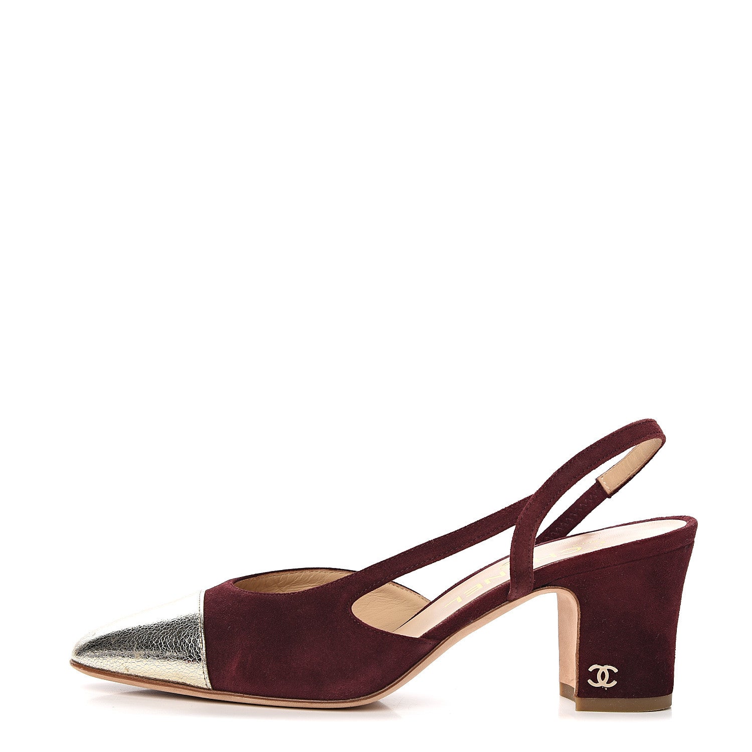 Chanel Kid Suede Metallic Lambskin Cap Toe CC Slingback Pumps 36 Burgundy Gold 1 of 9
