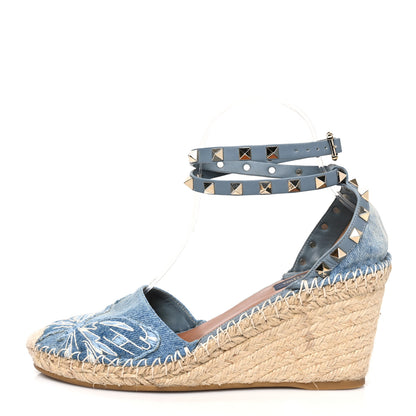Valentino Garavani Denim Butterfly Embroidered Rockstud Ankle Wrap Espadrille Wedges 38 Light Denim 1 of 8