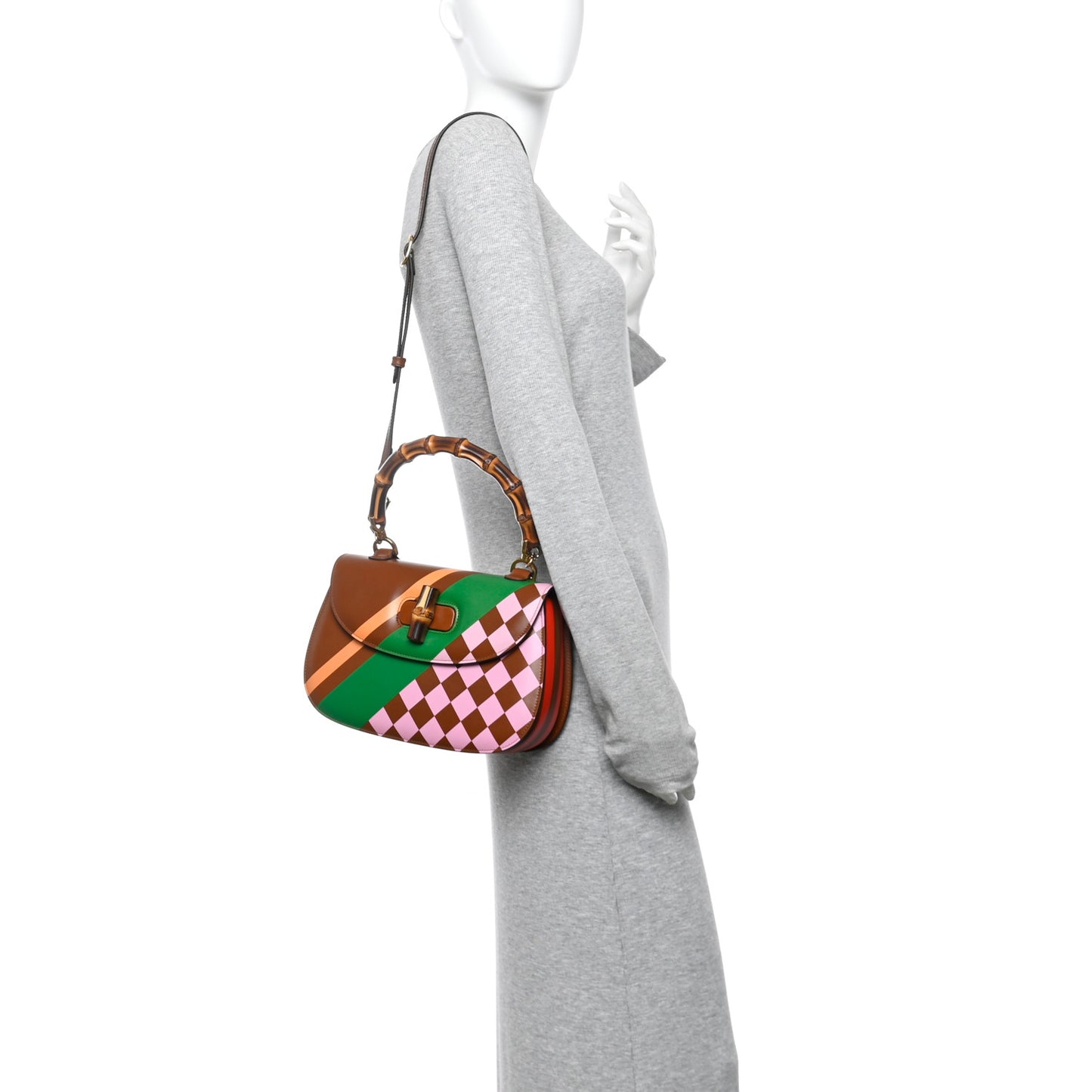 Calfskin Geometric Print Medium Bamboo 1947 Top Handle Bag Brown