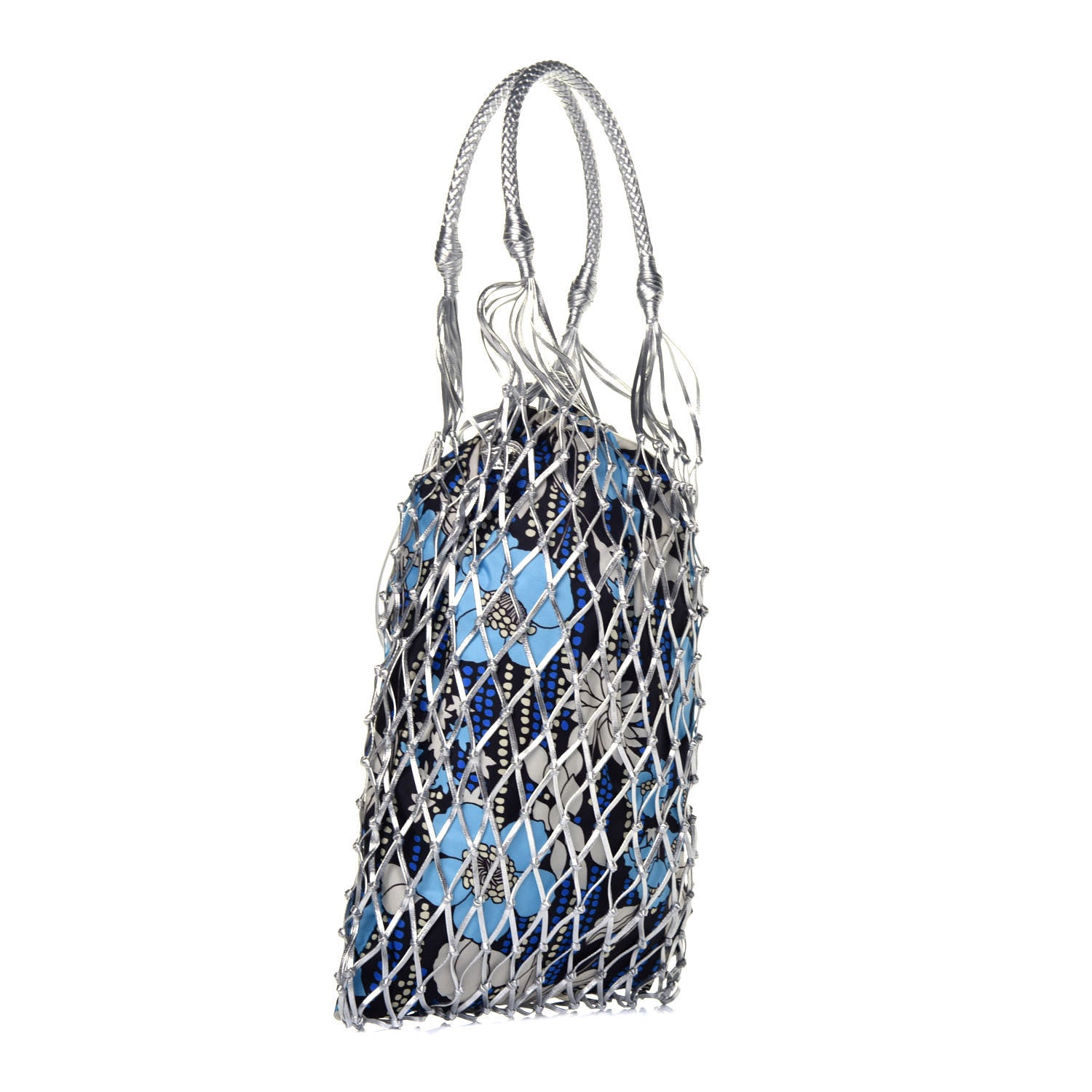 Prada Nylon Floral Print Net Tote Silver Blue 3 of 8