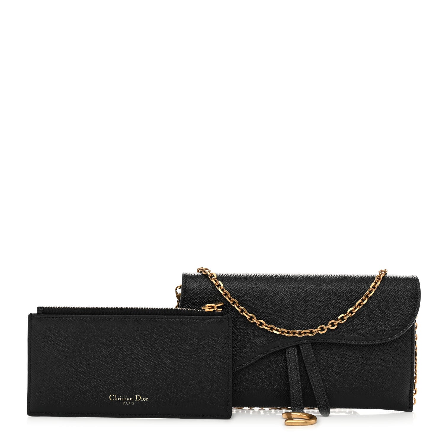 Christian Dior Grained Calfskin Saddle Chain Wallet Pouch Black 1 of 9