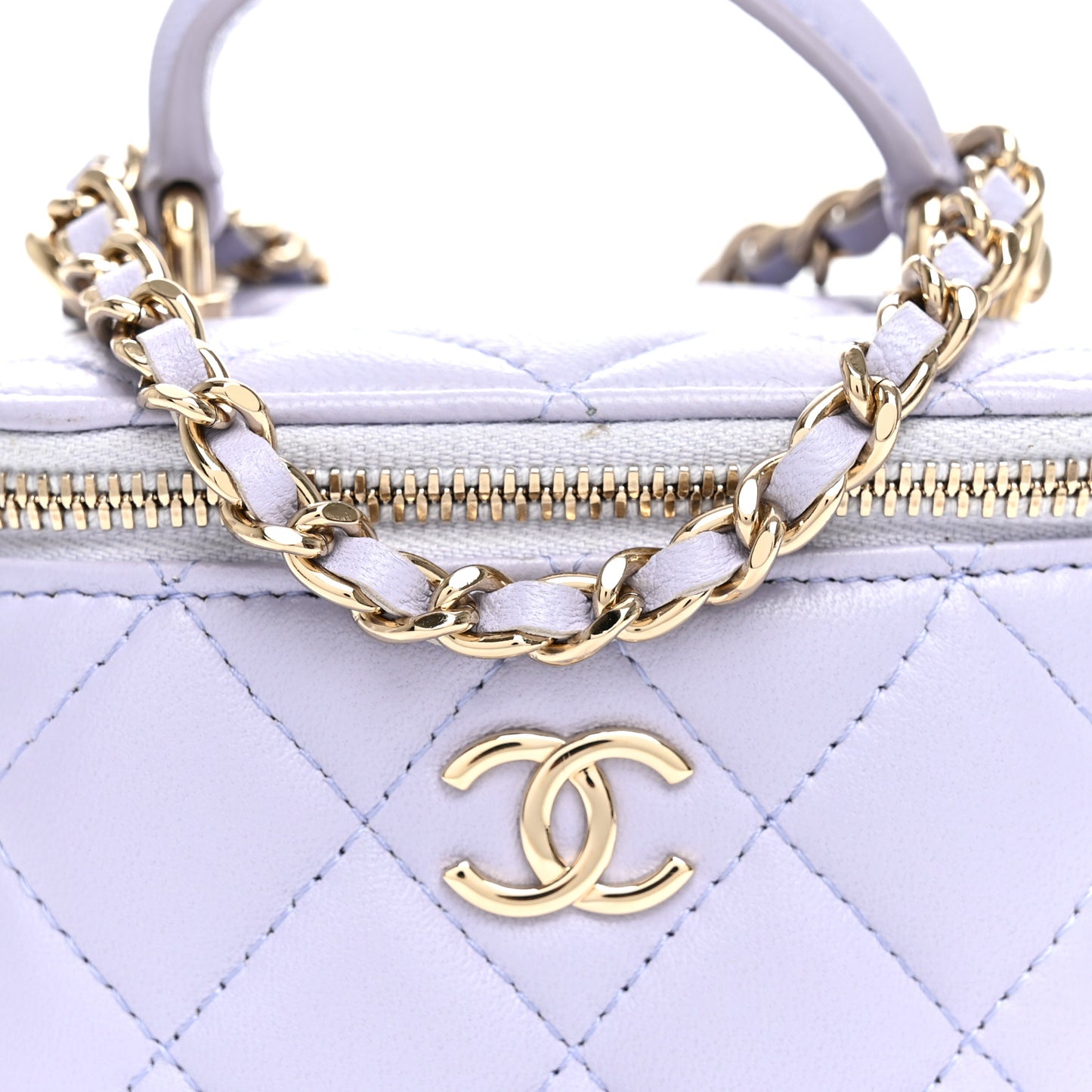 Lambskin Quilted Top Handle Mini Vanity Case With Chain Lilac