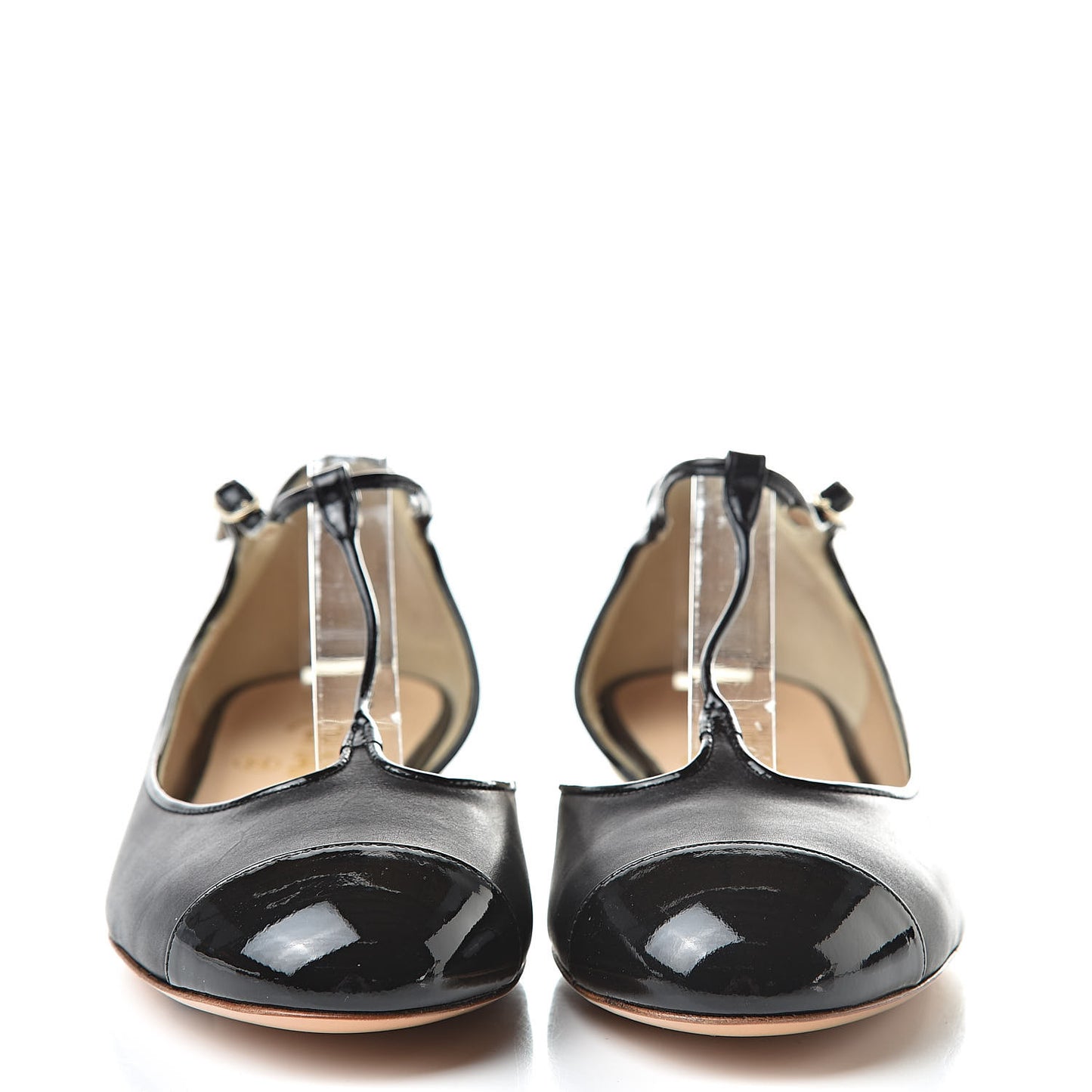 Lambskin Patent Cap Toe T Strap Flats 36 Black
