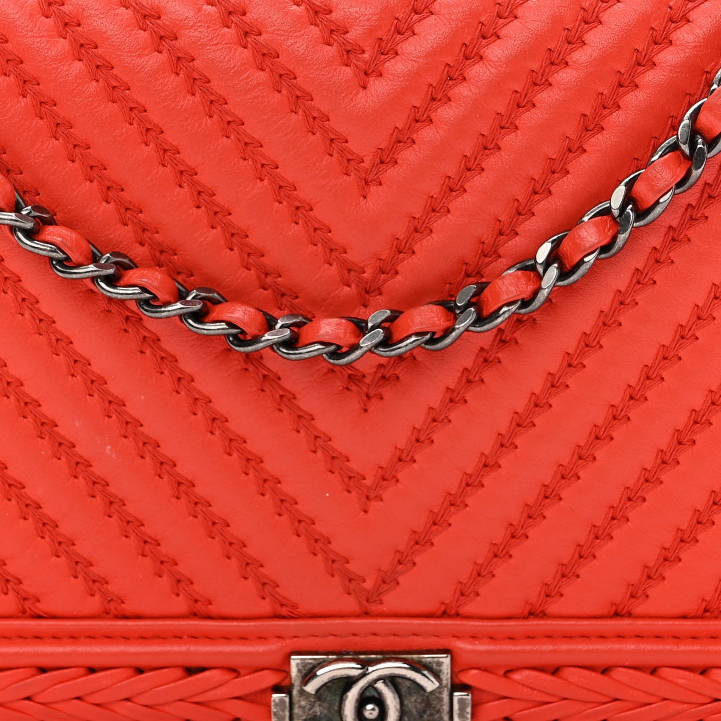 Calfskin Chevron Quilted Braided Boy Wallet On Chain WOC Orange
