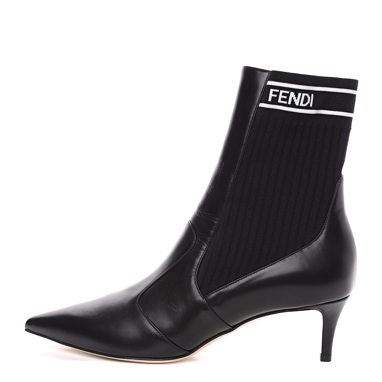 Fendi Vitellino Stretch Fabric Logo Rockoko Low Heel Sock Boots 40.5 Black White 1 of 8