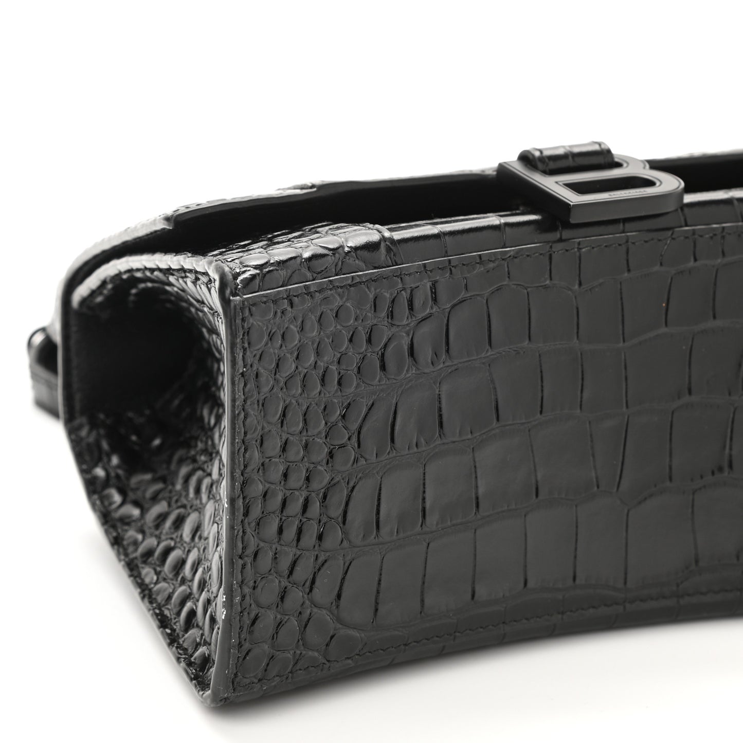 Shiny Calfskin Monochrome Crocodile Embossed Small Hourglass Top Handle Bag Black