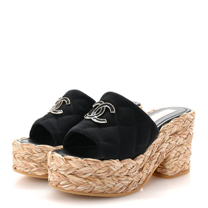 Chanel Canvas Raffia Wedge Sandals Black 37 Black 4 of 10