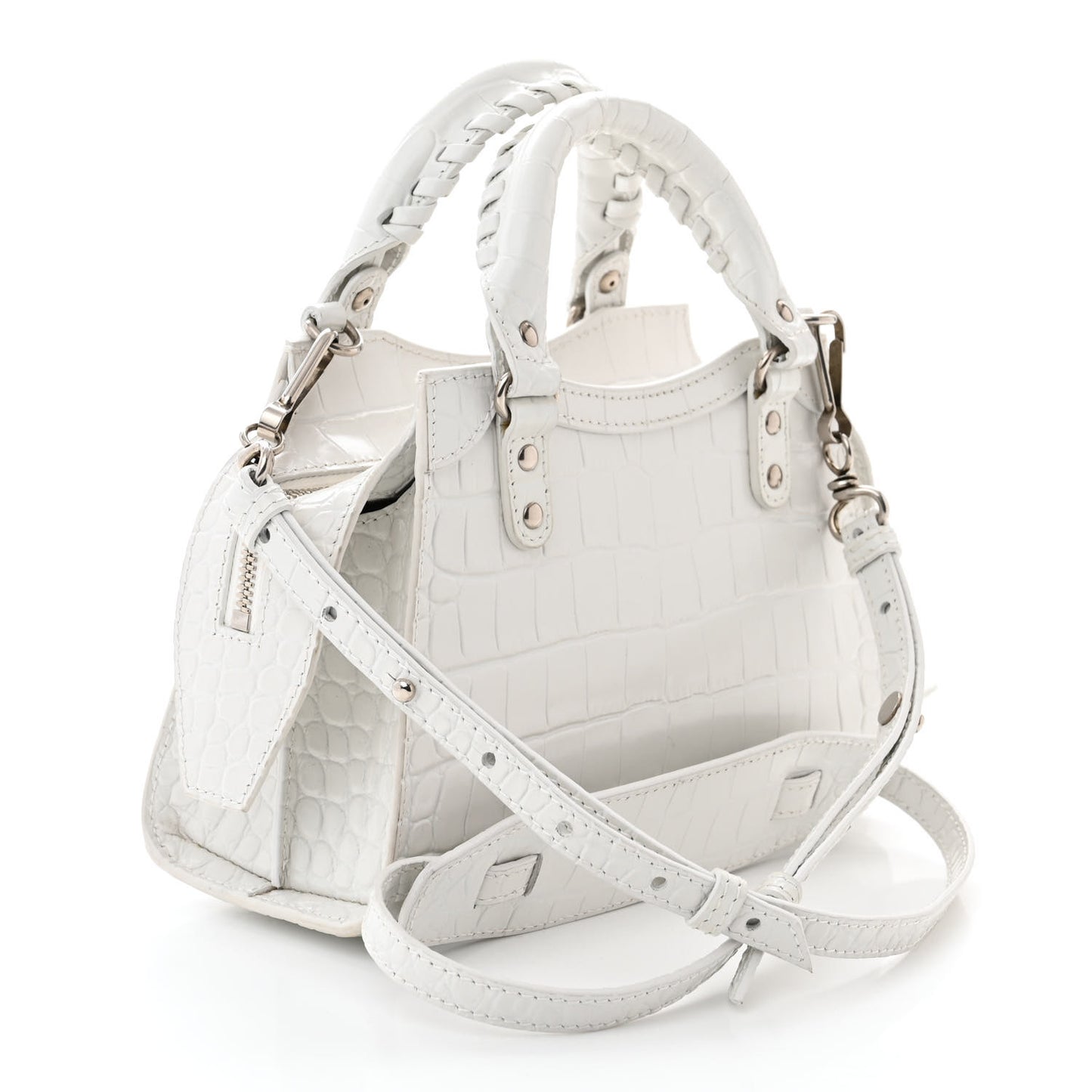 Semi Shiny Calfskin Crocodile Embossed Neo Classic Silver Hardware Mini City White