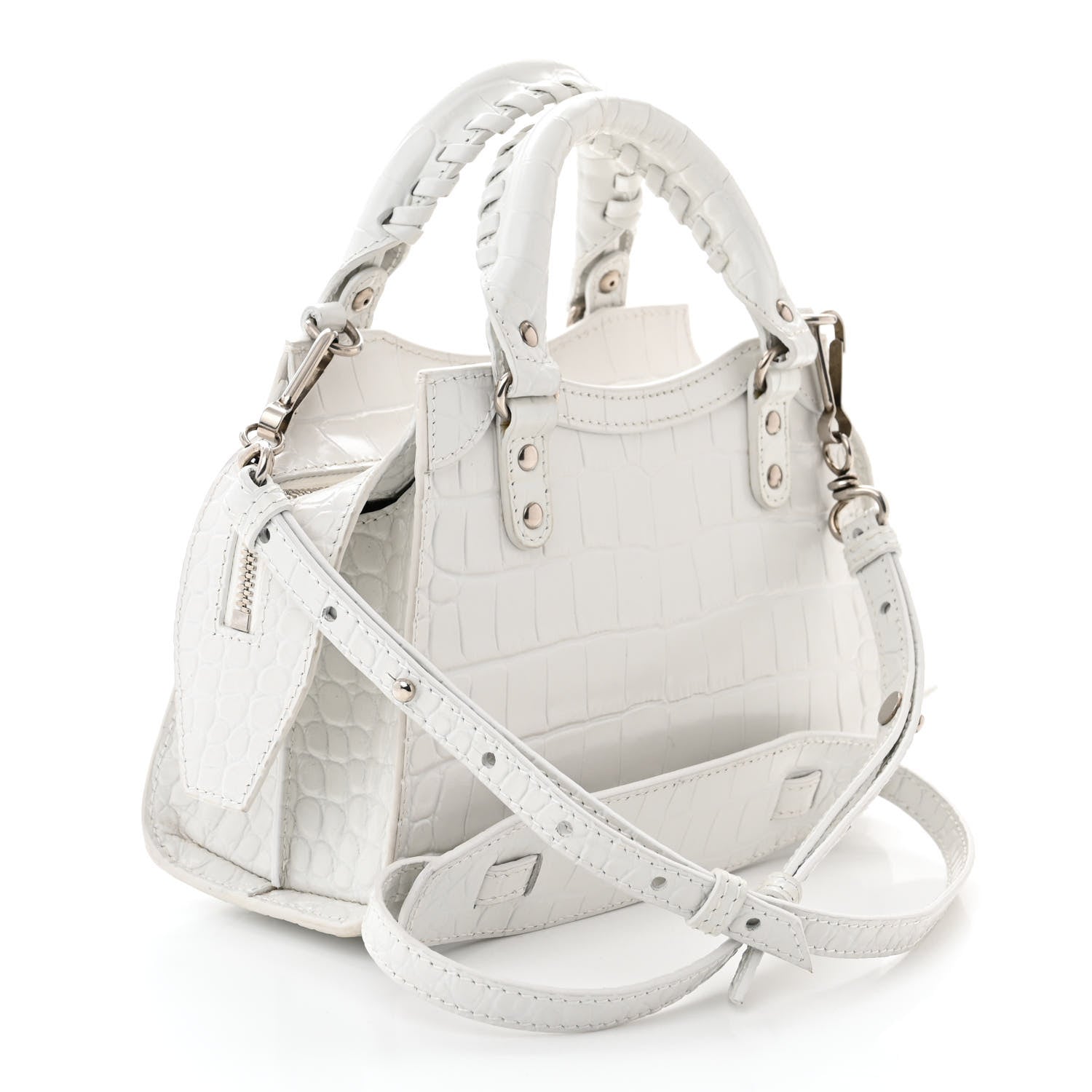 Balenciaga Semi Shiny Calfskin Crocodile Embossed Neo Classic Silver Hardware Mini City White 3 of 11
