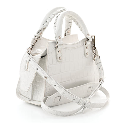 Balenciaga Semi Shiny Calfskin Crocodile Embossed Neo Classic Silver Hardware Mini City White 3 of 11