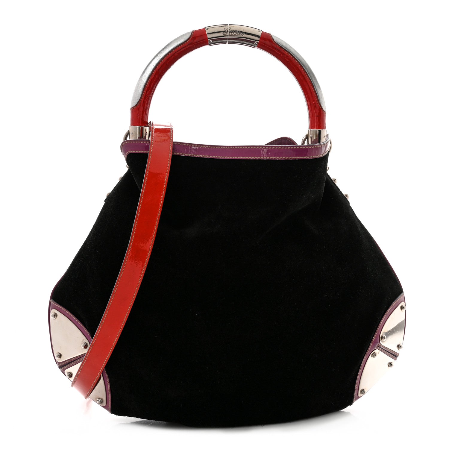 Gucci Suede Large Indy Top Handle Hobo Black Purple Red 1 of 10