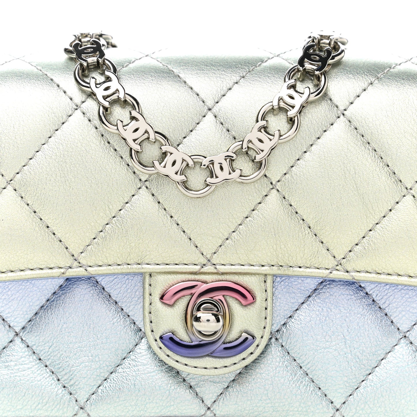 Gradient Metallic Calfskin Quilted Clutch Silver Blue Yellow Purple