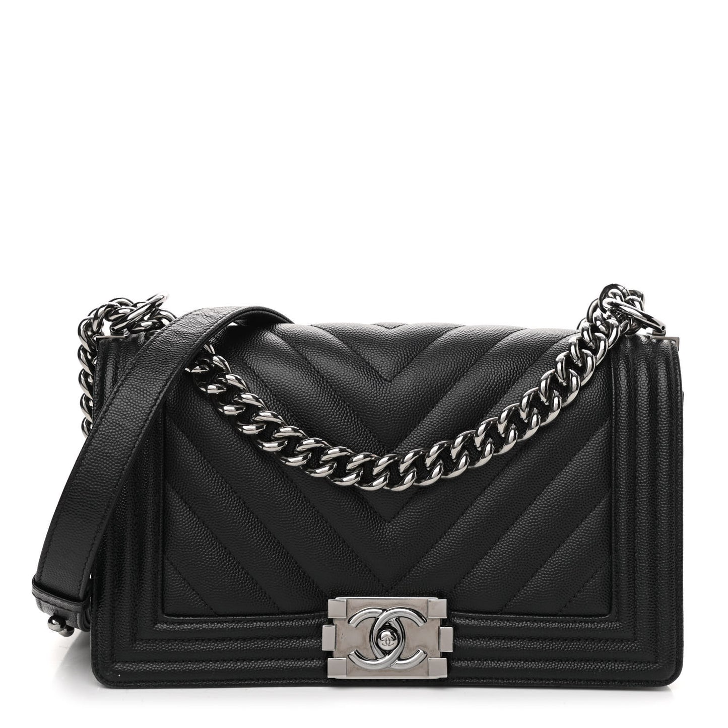 Caviar Chevron Quilted Medium Boy Flap Black
