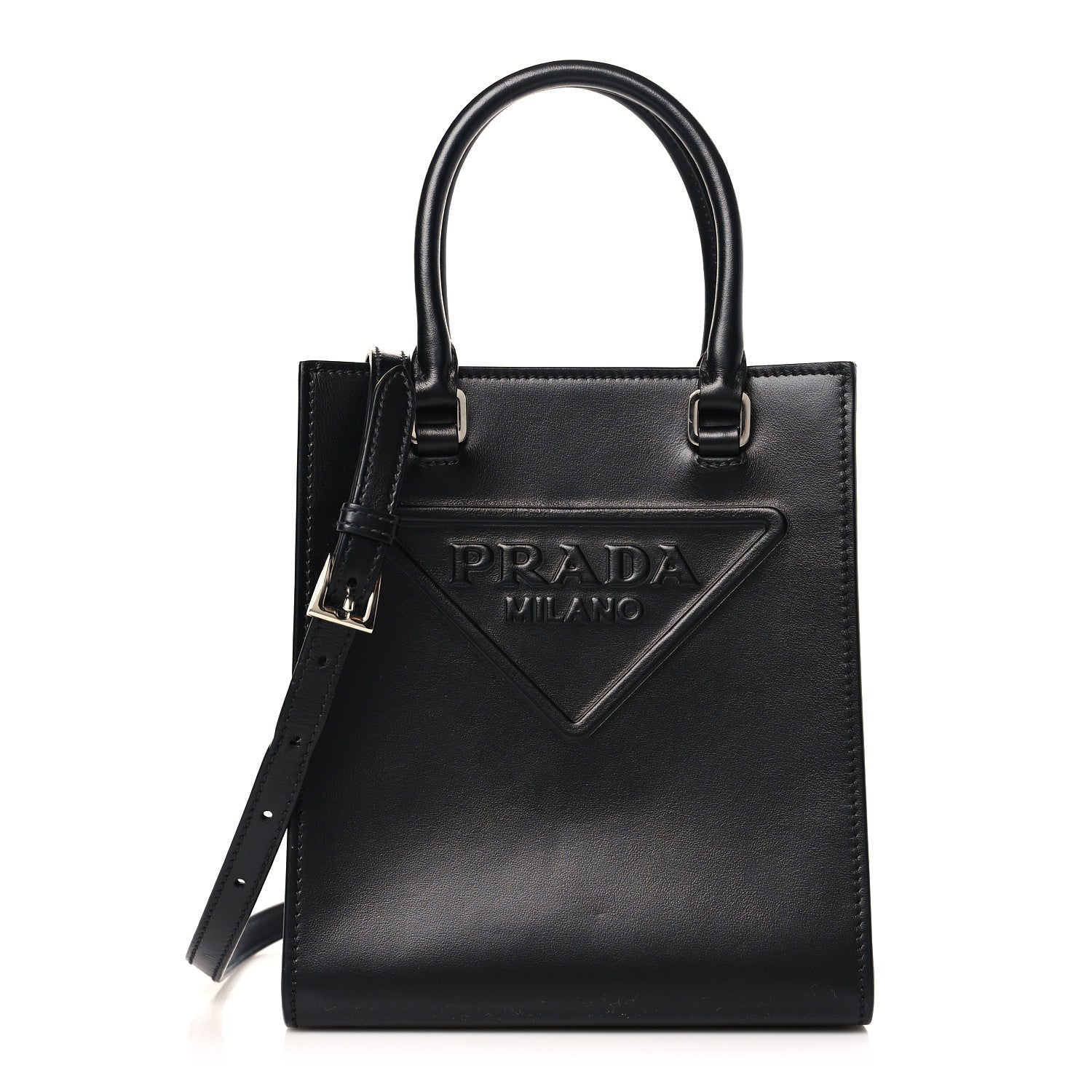 Prada Soft Calfskin Triangle Logo Embossed Small Double Handle Crossbody Tote Black 1 of 8