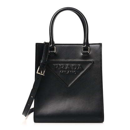 Prada Soft Calfskin Triangle Logo Embossed Small Double Handle Crossbody Tote Black 1 of 8