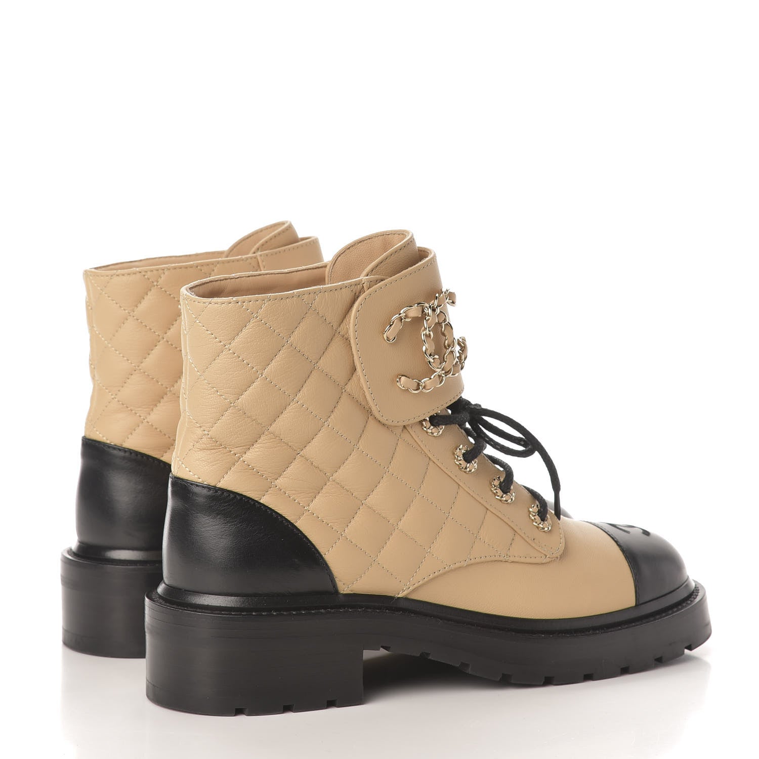 Chanel Lambskin Calfskin Quilted Lace Up Combat Boots 38.5 Beige Black 4 of 9