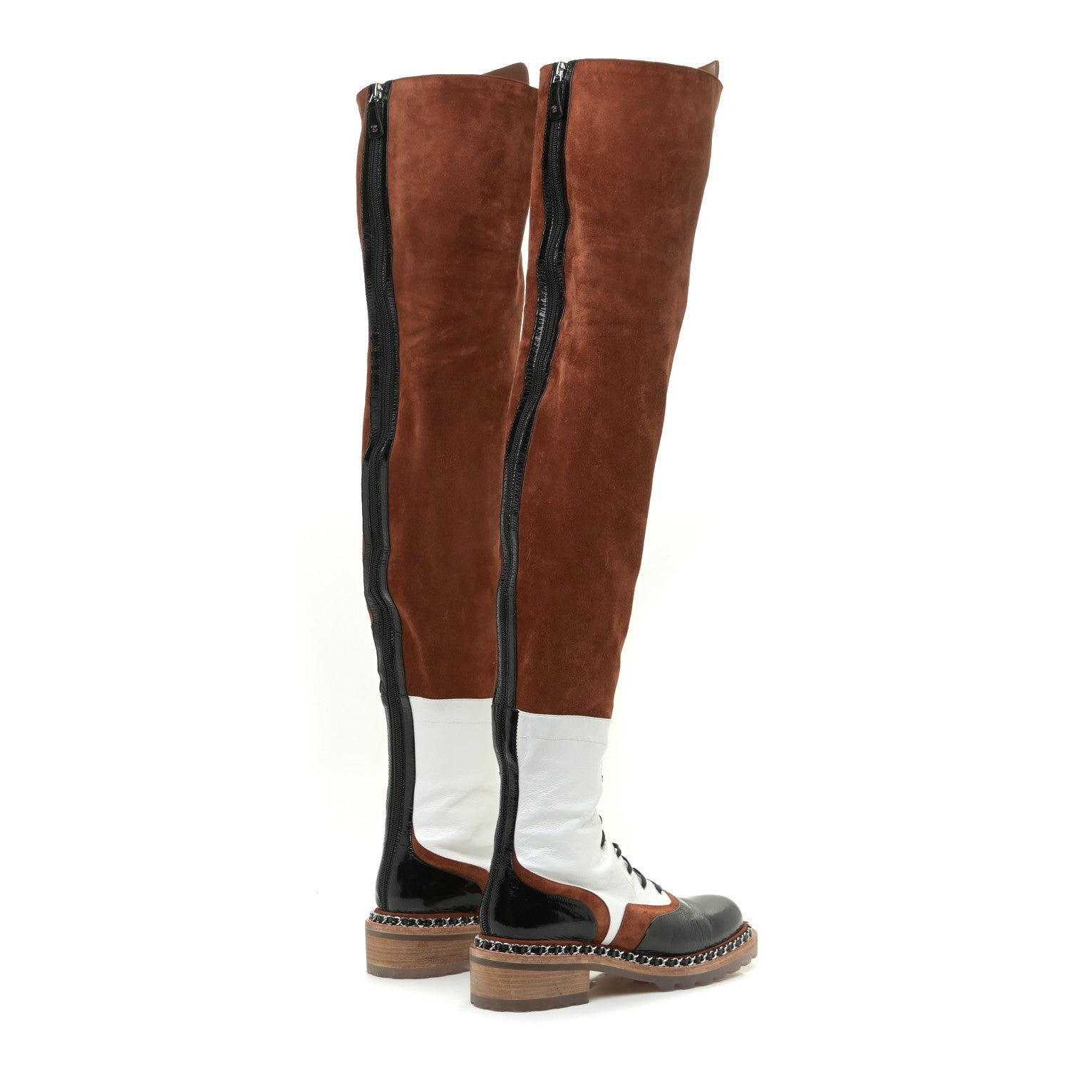Chanel Suede Patent Calfskin Over The Knee Boots 39.5 Brown White Black 5 of 22