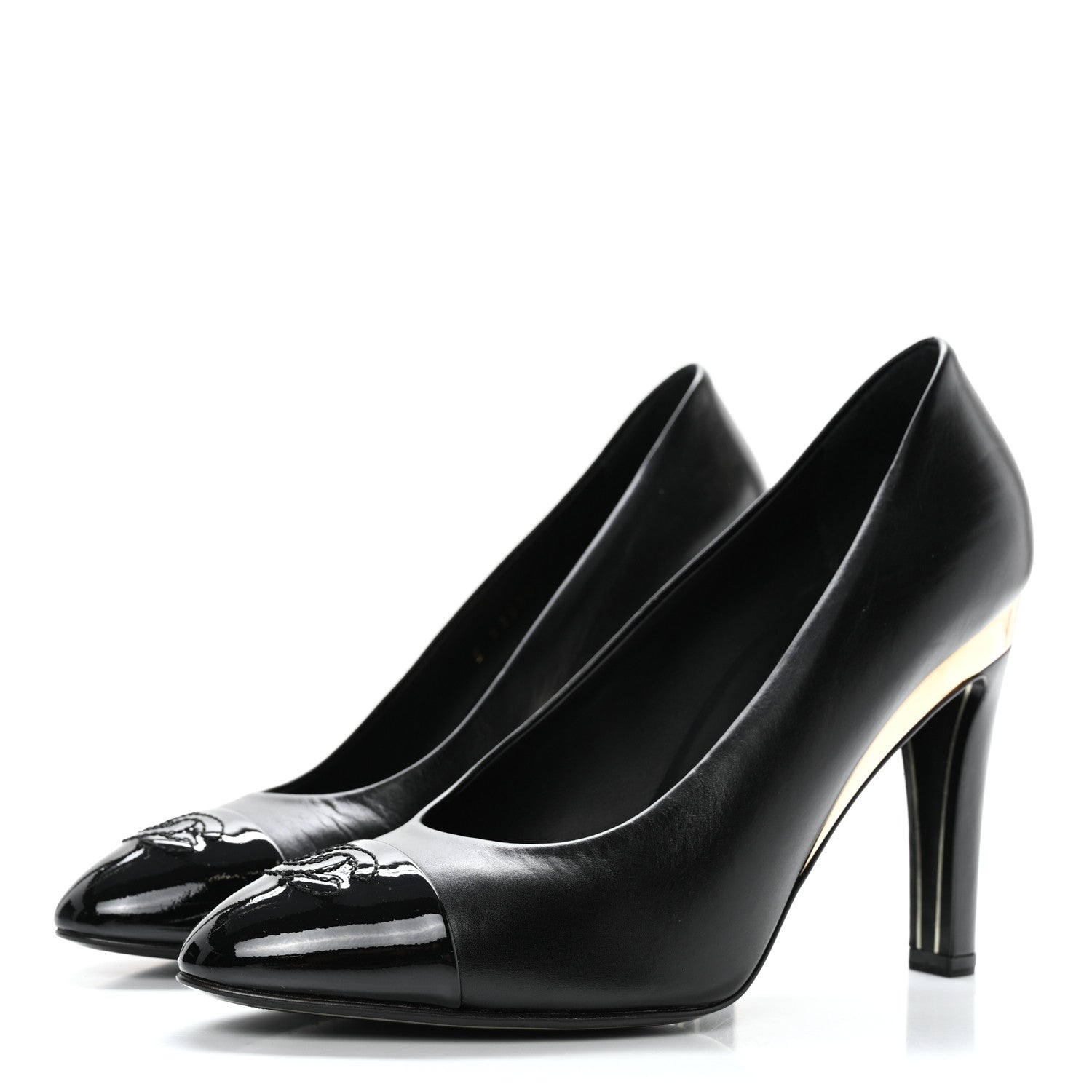 Chanel Lambskin Patent Metal Cap Toe CC Pumps 37.5 Black Gold 3 of 11