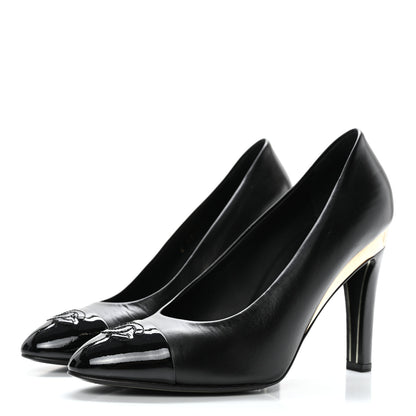 Chanel Lambskin Patent Metal Cap Toe CC Pumps 37.5 Black Gold 3 of 11