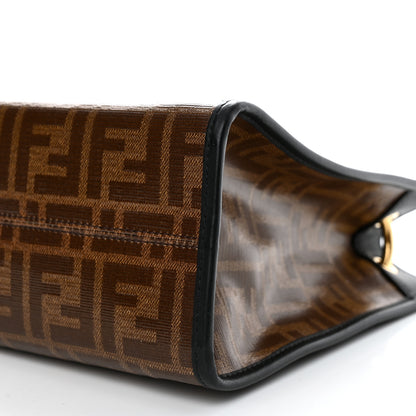 Fendi Glazed Fabric Vitello Century Plexiglass FF 1974 Stamp Patch Small Runaway Shopper Tote Mogano Panna Black 10 of 10