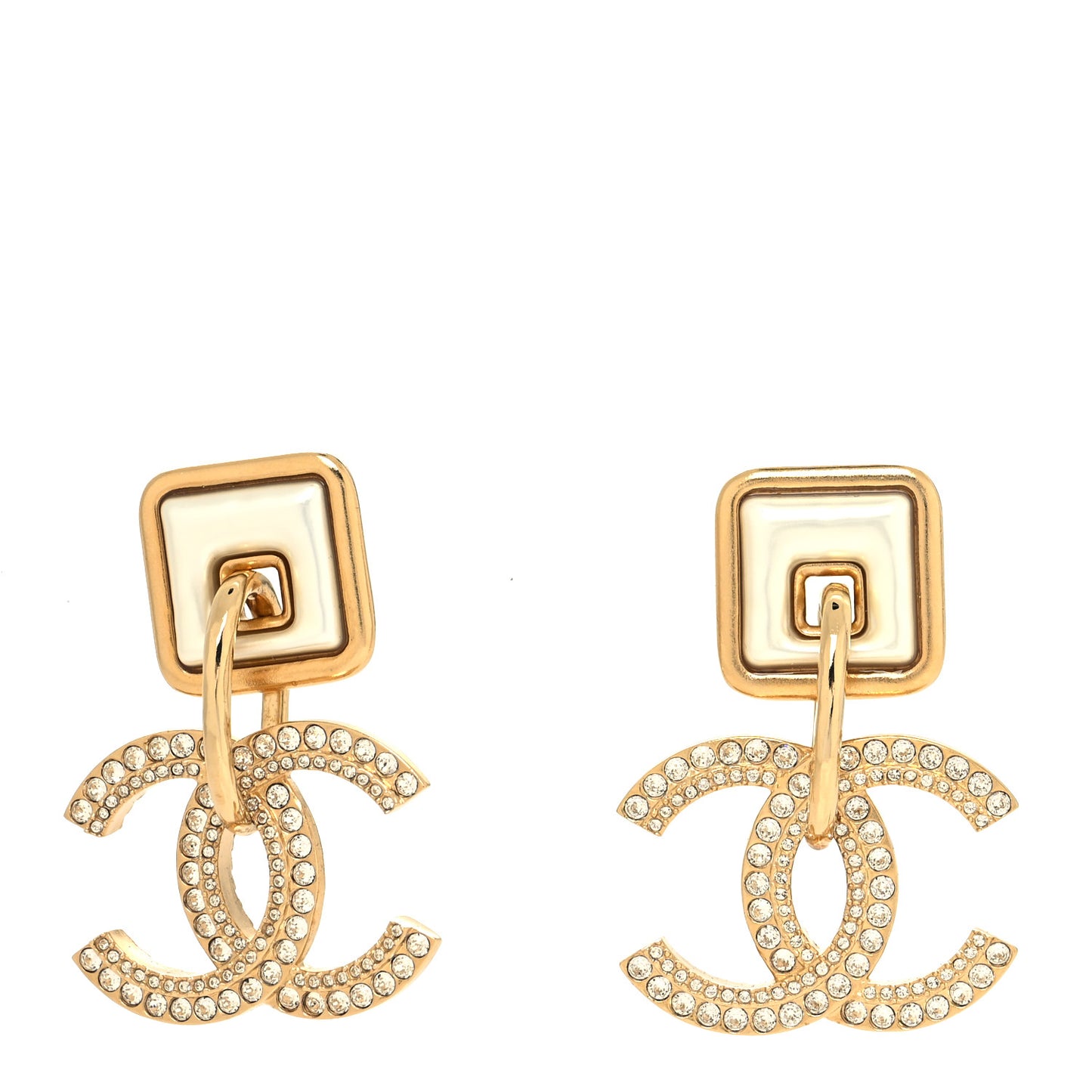 Crystal Pearl CC Square Drop Earrings Gold Pearly White